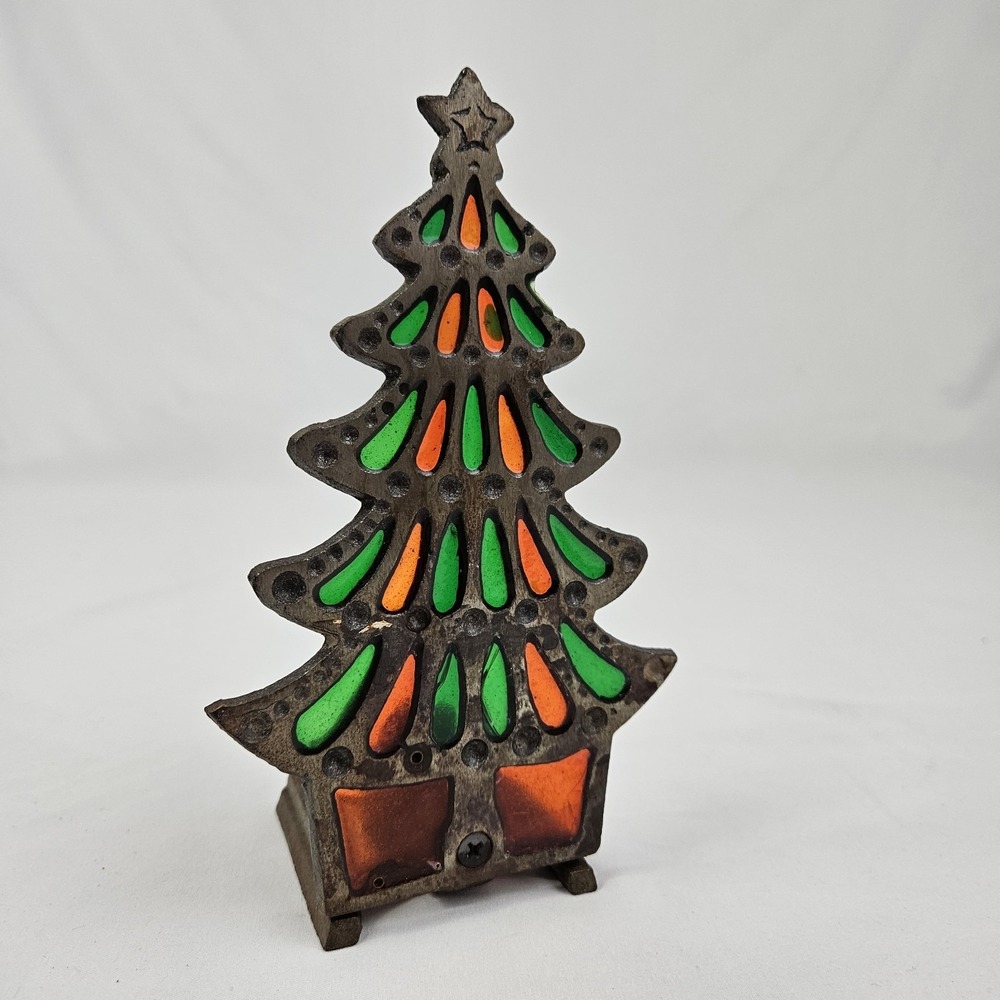 Tiffany Style 1977 Cast Iron Glo-Candle Holder Stained Glass Christmas Vintage